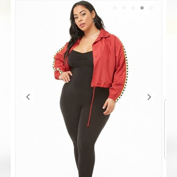 Forever 21 Jackets & Blazers - Forever 21 Plus Womens Red Cropped Coach Windbreaker Moto Racing Check Stripe 3X